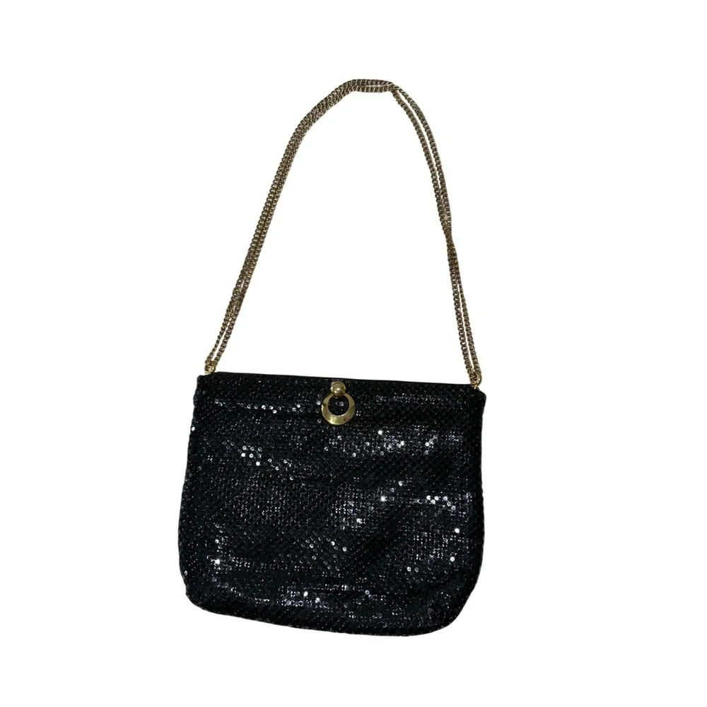 Vintage WHITING & DAVIS Black Metal Mesh Gold Accents Purse Shoulder Bag Chain